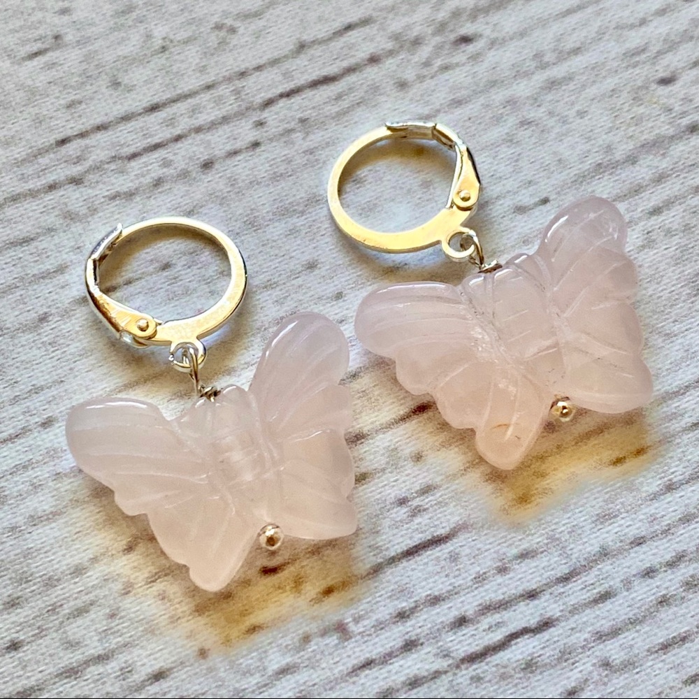 Rose Quartz Butterfly & Silver Hoops